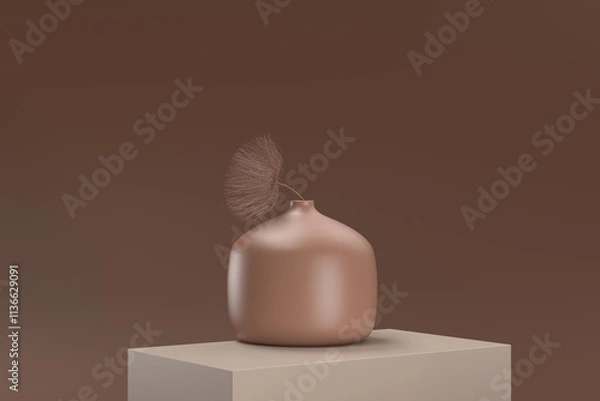 Fototapeta A vase with a flower in it sits on a brown surface