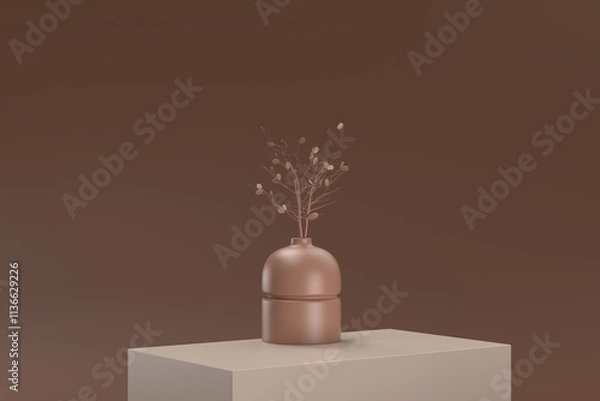 Fototapeta A vase with a tree inside it sits on a brown surface