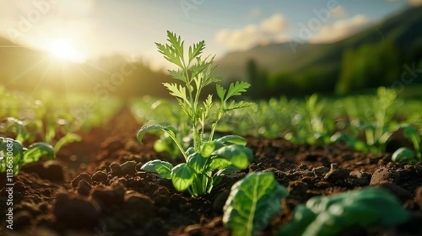 Fototapeta A close-up of vibrant green seedlings emerging from rich soil, illuminated by the golden glow of sunrise in a serene agricultural setting.