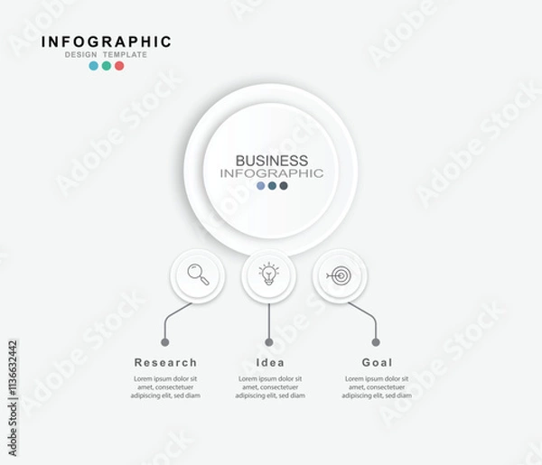 Fototapeta Business infographic template. 3 Step timeline journey. Process diagram, 3 options on white background