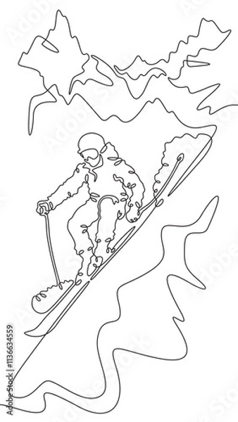 Fototapeta Continuous one line drawing skier in the mountains. Mountain landscape. Skier on the mountain slope. Alpine skiing. One continuous line isolated minimal illustration.Not AI.