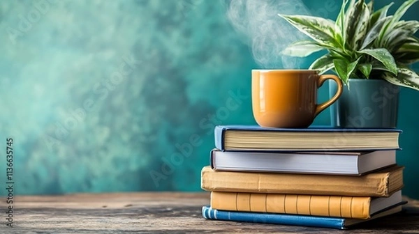 Fototapeta A stack of goal-setting books and planners on a rustic wooden table, with a plant and a steaming mug of tea nearby 