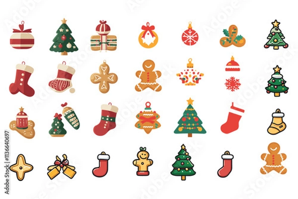 Obraz Christmas color icons isolated on a white background vector. Christmas cartoon icon set vector. Big collection of christmas symbols vector