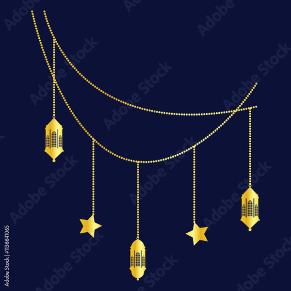 Obraz hanging golden color Arabic traditional Ramadan Kareem lantern collection set. Eid Fitr or Adha Mubarak lamp Greeting star gold symbol Outline line icon Vector Illustration