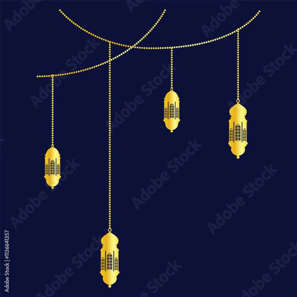 Obraz hanging golden color Arabic traditional Ramadan Kareem lantern collection set. Eid Fitr or Adha Mubarak lamp Greeting star gold symbol Outline line icon Vector Illustration