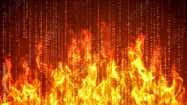 Obraz Binary code burning in fiery digital inferno, a powerful visualization of data destruction