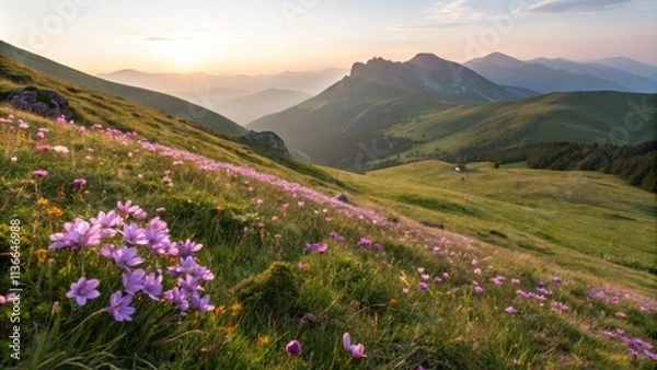 Fototapeta A field of pink wildflowers blooms on a grassy hillside with distant mountains in the background at sunset.