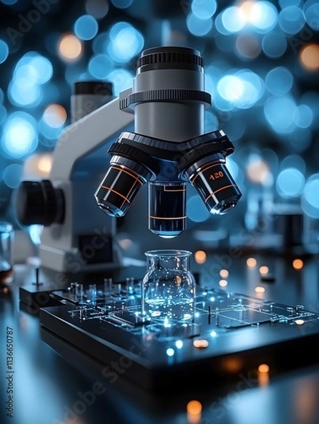 Fototapeta Close up of examining of test sample under the microscope in laboratory.