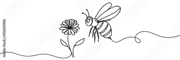 Obraz Continuous one line drawing of flaying bee. Simple illustration of honey bee line art vector illustration.