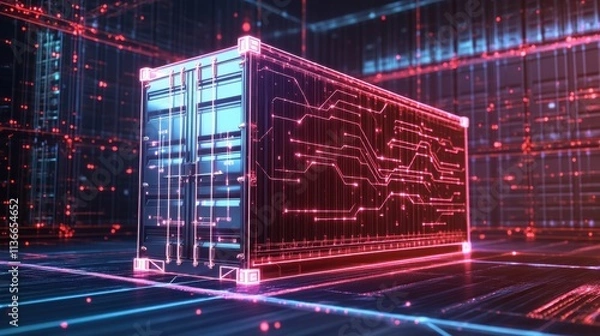 Fototapeta Futuristic digital container with neon circuit patterns and glowing network data.