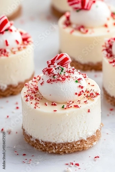 Fototapeta Mini Cheesecake with Peppermint Topping and Red Sprinkles on a Light Background Ideal for Holiday Treats and Festive Desserts Recipes