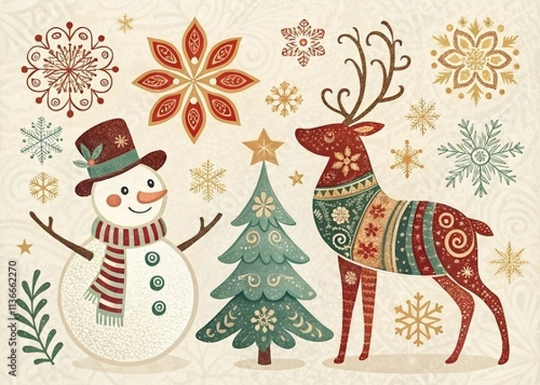 Fototapeta christmas greeting card contains such icons as Santa Claus, Christmas, Gift, Reindeer, Christmas Tree, Snowflake.