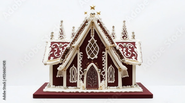 Fototapeta A gingerbread house inspired by vintage Scandinavian designs, featuring deep burgundy icing, ornate white frosting patterns