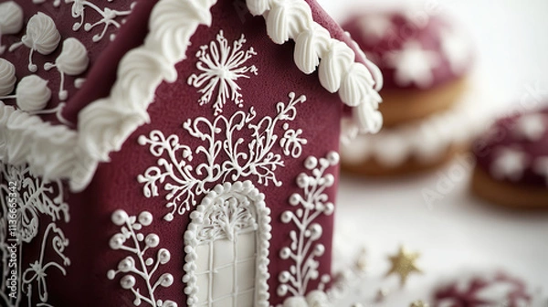 Fototapeta A gingerbread house inspired by vintage Scandinavian designs, featuring deep burgundy icing, ornate white frosting patterns