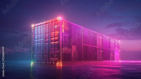 Fototapeta Futuristic shipping container with vivid neon lighting against a serene backdrop.