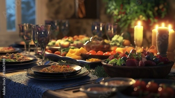 Fototapeta Tabletop scene featuring an inviting spread of food, arranged neatly with vibrant dishes and elegant presentation, creating a cozy, warm atmosphere in a well-lit dining area.