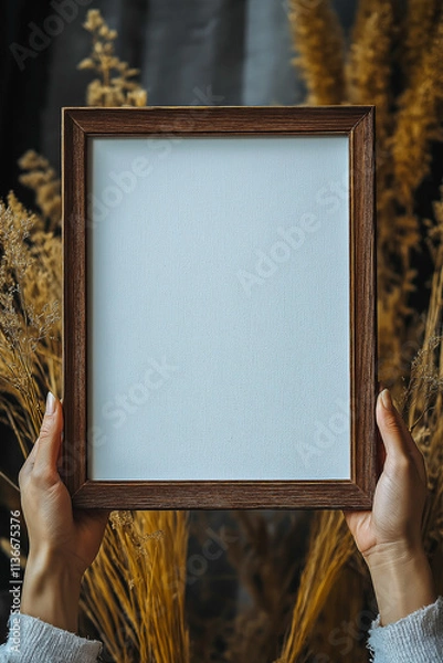 Obraz The girl holds a frame with a white background, for backgrounds. for advertising. for business.