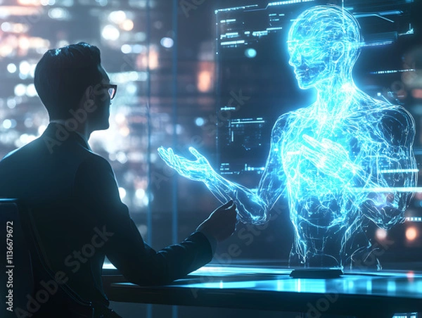 Fototapeta Futuristic AI technology artificial intelligence human people interaction talk interact conversation data information machine learning digital collaborate integration future work