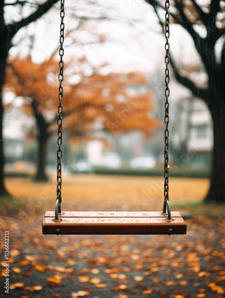 Obraz An empty wooden swing hangs quietly in a tranquil autumn park, surrounded by colorful fallen leaves and softly blurred trees in the background.