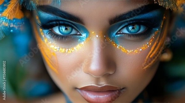 Fototapeta Bright blue eye with intricate makeup showcasing artistic expression and vibrant colors
