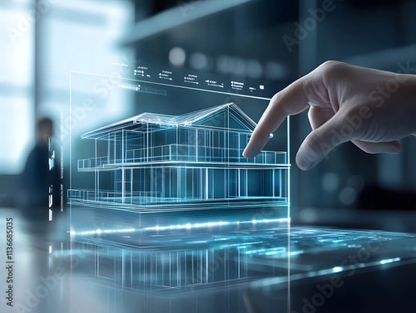 Fototapeta futuristic real estate property house apartment home buying new construction technology, holographic projection digital model innovation architect engineering design