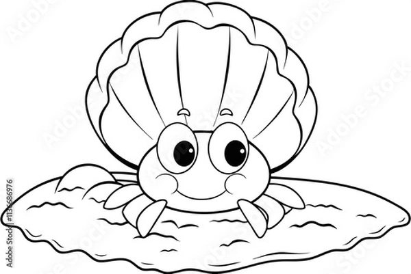Fototapeta Adorable Cartoon Hermit Crab in Seashell, Ocean Creature, Coloring Page