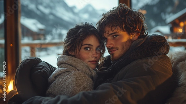 Fototapeta In a cozy cabin, a couple shares an intimate moment, gazing into each other's eyes with smiles. soft snow falls outside the window