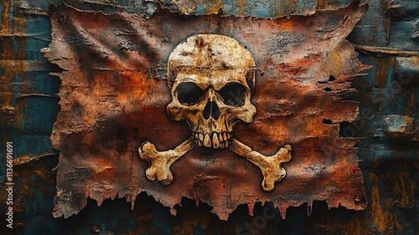 Fototapeta A rusted metal surface with a skull and crossbones symbol