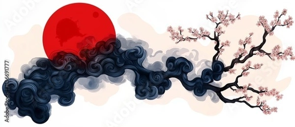 Fototapeta Red sun is in the sky above a tree with pink blossoms. The sky is filled with clouds and the sun is setting