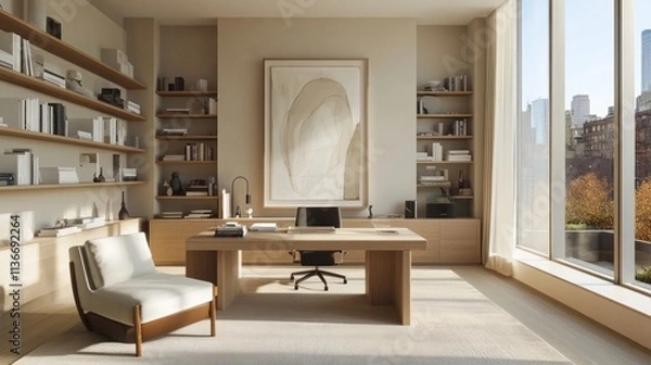 Fototapeta Modern minimalist home office with large windows, wooden desk, and built-in shelving.