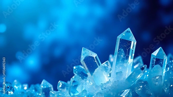 Obraz A cluster of luminous blue and clear crystals against a soft blue background. Ai Generated.