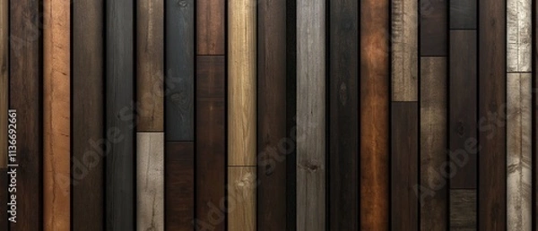 Fototapeta Row of wooden planks with a variety of colors. Concept of warmth and coziness, as the different shades of wood create a visually appealing and inviting atmosphere