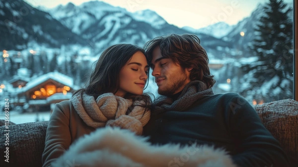 Fototapeta In a cozy cabin, a couple shares an intimate moment, gazing into each other's eyes with smiles. soft snow falls outside the window