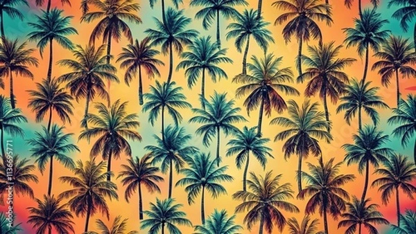 Fototapeta Vintage Palm Tree Silhouette Seamless Pattern, Retro Tropical Background, Summer Design, Beach Fabric Print