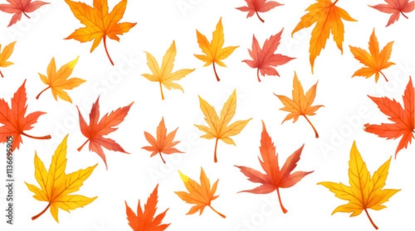 Obraz Colorful pattern featuring autumn maple leaves, showcasing shades of orange, yellow, and red on white. Perfect for seasonal designs, fall themes, and decoration during the autumn season.