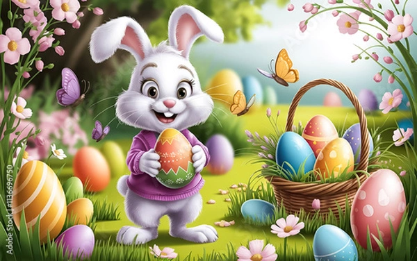 Fototapeta A cheerful Easter bunny with a basket of Easter eggs painted for the holiday on a green spring lawn. Children's Easter picture, card