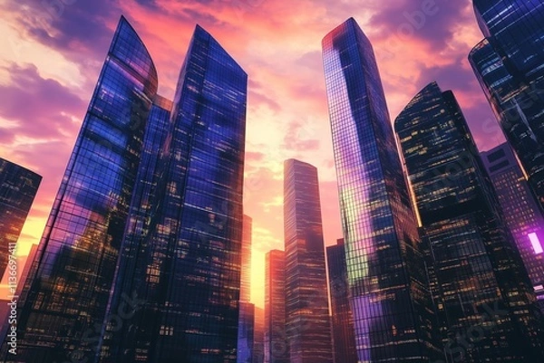 Fototapeta Futuristic cityscape at sunset featuring towering skyscrapers with sleek designs, illuminated by vibrant colors reflecting off glass surfaces. The skyline creates a stunning visual harmony.