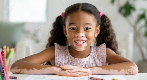 Fototapeta Smiling young african american girl with vitiligo drawing at home