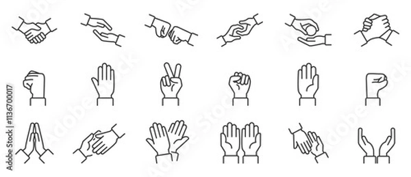 Fototapeta Simple set of hand line icons. Hand gesture linear icon set. Palm indicates fist, handshake, peace and love. Hand icon set. Contains gestures, collection of Vector icons in line form. 