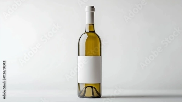 Fototapeta Realistic white wine bottle centered on a plain white background, highlighting its smooth glass surface and elegant label design.