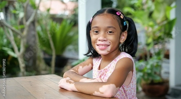 Fototapeta Young asian girl with vitiligo smiling in garden setting for diversity and inclusivity themes