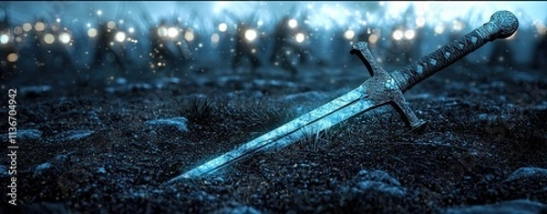 Fototapeta Double exposure sword embedded in ground Glowing Crossed Arrows Art Sharp Shadows of War Sword of Destiny Iconography Katana Resting in Elegance Double Exposure War Blades