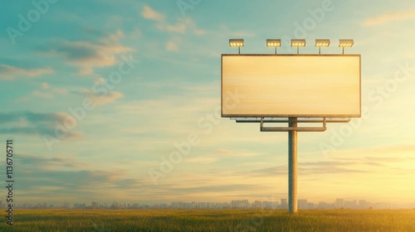 Fototapeta A large, empty billboard stands in a vast field with a city skyline in the distance under a blue and golden evening sky.