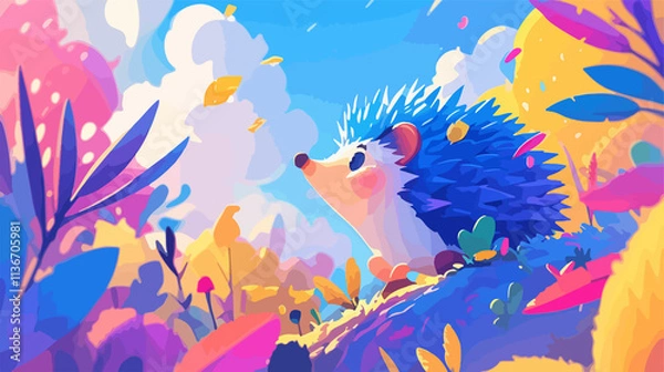 Fototapeta Cute Hedgehog in Jungle Cartoon Style with Depth of Field