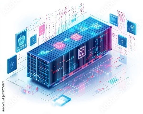 Fototapeta Futuristic shipping container with digital data and security elements illustrated.