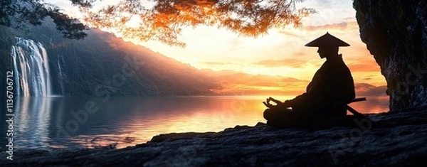 Fototapeta Silhouette meditating samurai double exposure Silhouette of a meditating warrior with glowing mountain shadows Double exposure of a samurai meditating and war-torn landscapes Meditating 