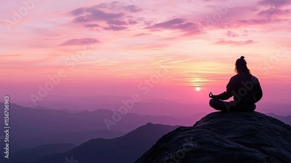 Obraz Silhouette warrior meditating shadowed mountain Silhouette of a meditating warrior with glowing mountain shadows Double exposure of a samurai meditating and war-torn landscapes Meditating warrior