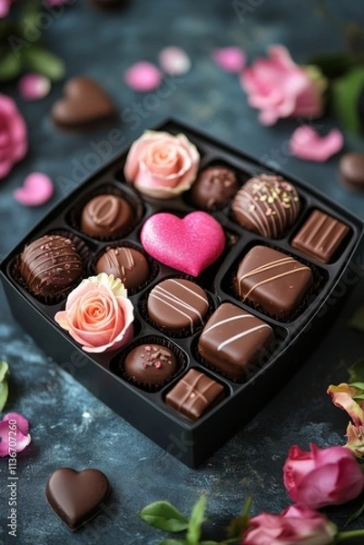 Fototapeta Elegant arrangement of red roses with chocolates in a gift box for special occasions