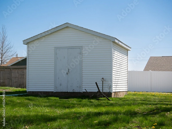 Fototapeta Backyard Shed. A suburban backyard shed with an overturned chair in front in springtime.