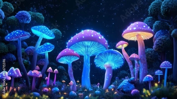 Fototapeta Glowing mushrooms in a mystical forest scene.